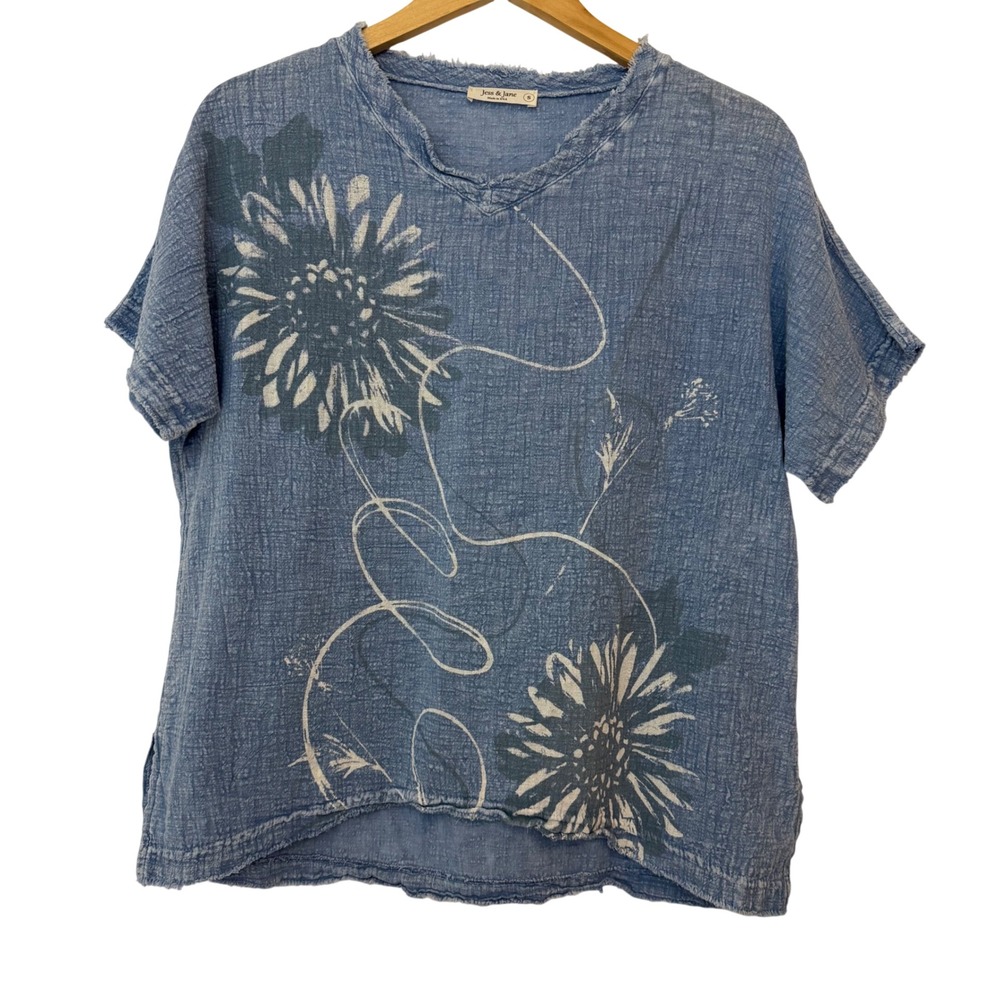Jess & Jane Womens Blue Textured 100% Cotton Floral Frayed Hem Top S Boho Chic